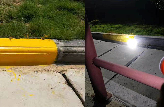 道路路沿反光漆白天和晚上的反光效果對比